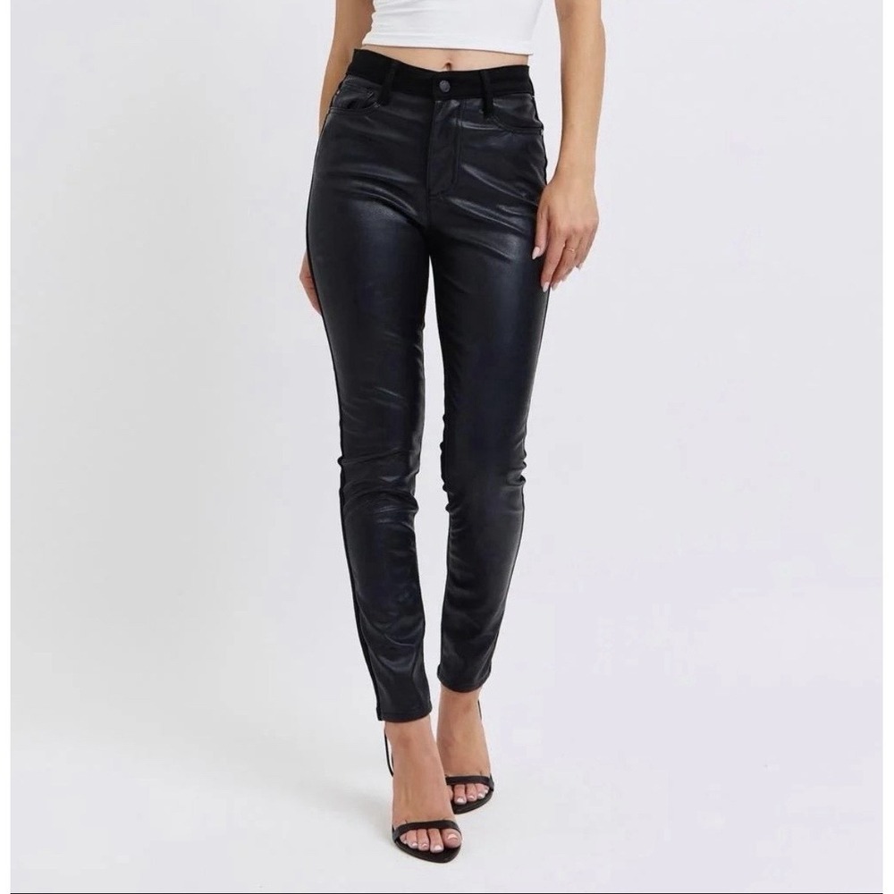 Judy Blue NEW High WaistBlack Faux Leather Front and Denim Skinny Jeans Sz 5/27